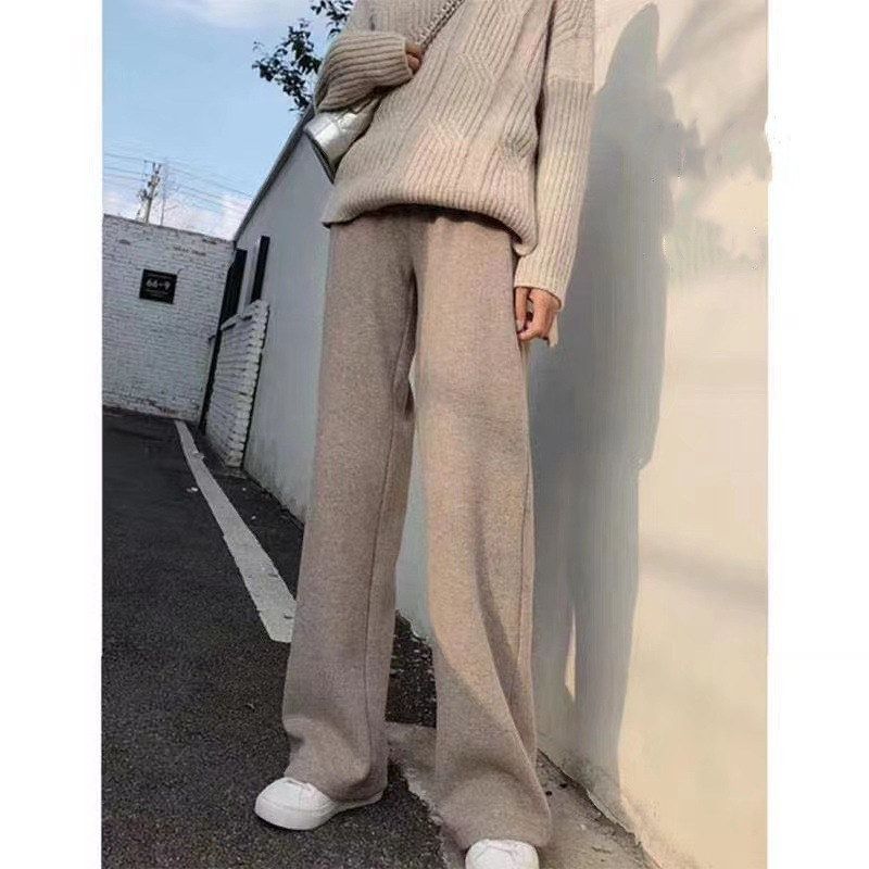 休闲百搭针织阔腿裤女2026秋冬新款宽松高腰直筒坠感拖地长裤子女