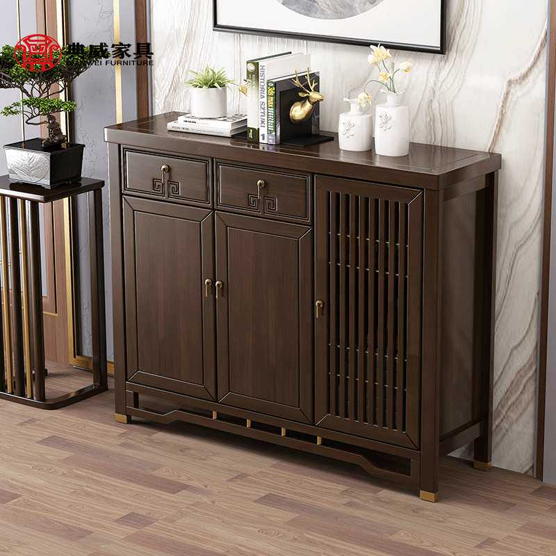 典威新中式实木一体靠墙鞋柜中国风简约家用门口大容量透气储物柜