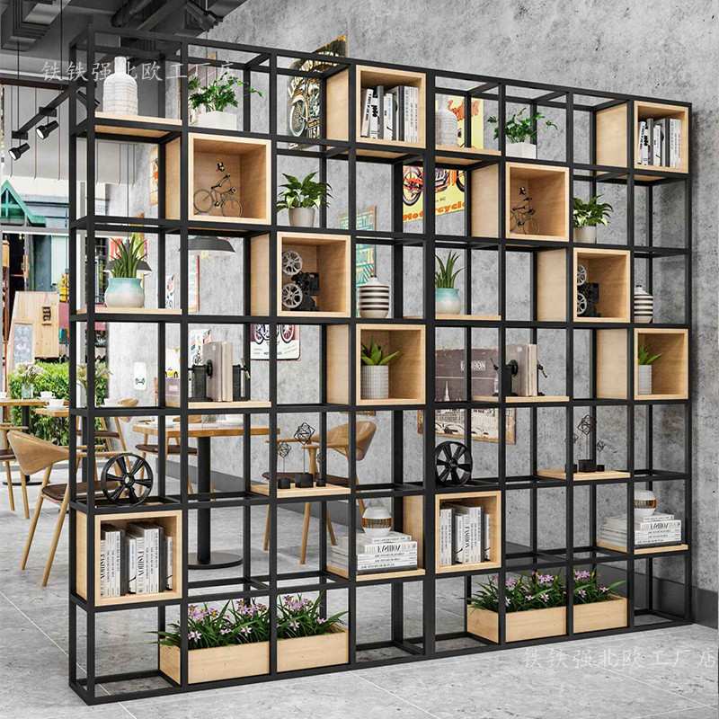 美式铁艺落地屏风隔断客厅架子实木书架现代简约展示架隔板置物架
