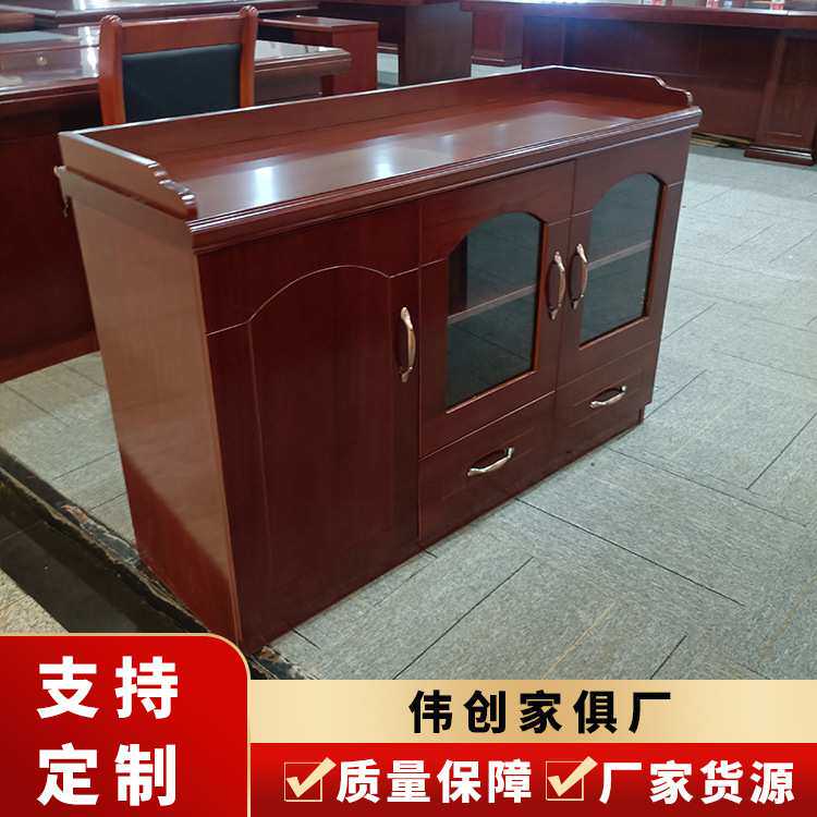 中式圆门茶水柜办公室会议室实木皮油漆墙边玻璃带抽屉落地柜