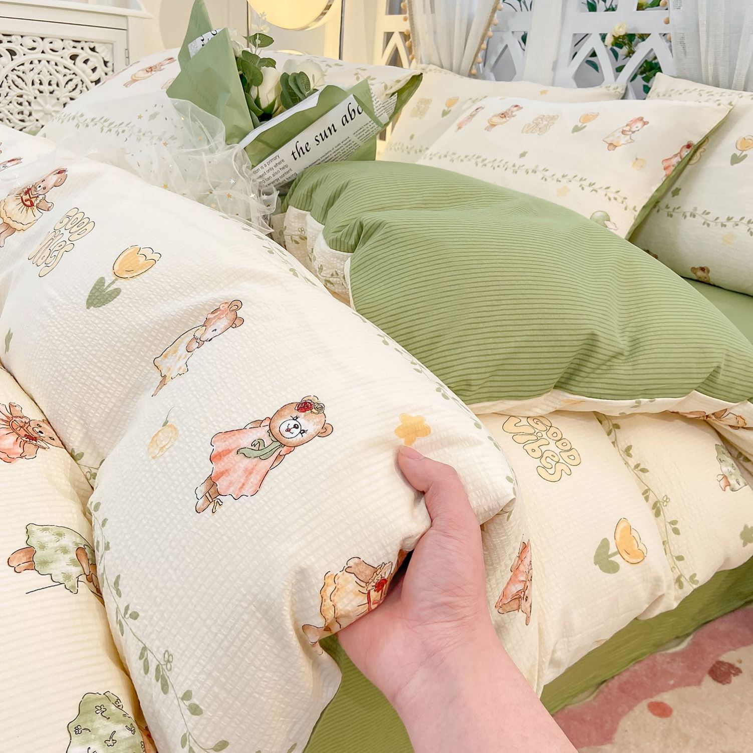 A类母婴级泡泡云朵水洗棉云朵床上四件套加厚被套宿舍床单三件套