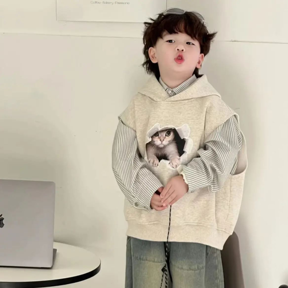 儿童秋季新款韩版3D卡通印花马甲条纹衬衫肥腿牛仔裤三件套潮款酷