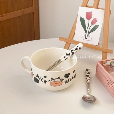 可爱奶牛带把泡面碗ins风日式卡通高颜值耐高温带盖易清洗大容量