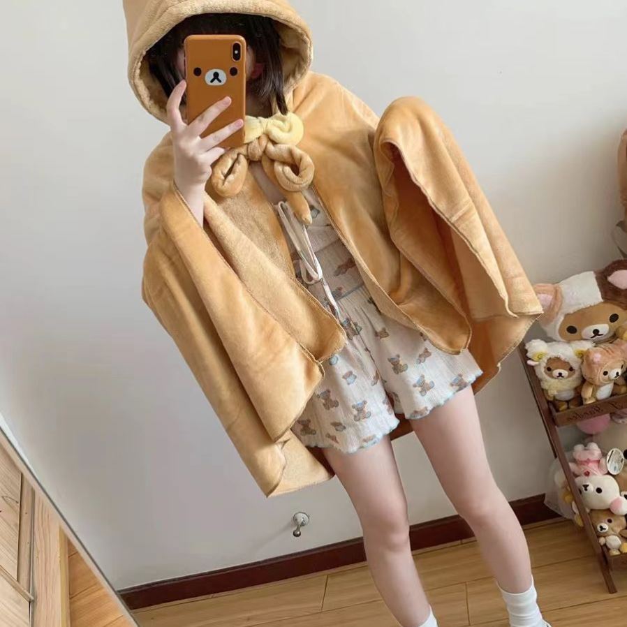 轻松熊睡衣ins卡通儿童斗篷披风冬季保暖睡袍连帽加厚懒人午睡毯
