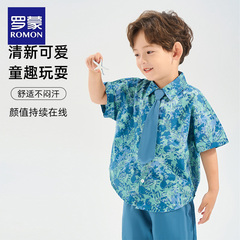罗蒙男童衬衫两件套儿童夏季短袖套装2025新款痞帅假日风休闲童装