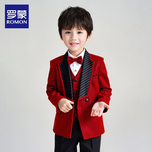 罗蒙男童西装套装宝宝生日花童礼服英伦小主持人洋气红色西服外套