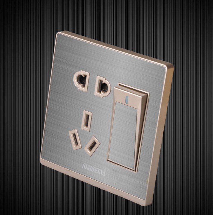 86型不锈钢银色拉丝一开单控电源五孔插座一开五孔单控开关插座