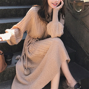 女装 法式 新款 秋冬季 连衣裙针织毛衣打底裙女潮 复古过膝中长款 长袖
