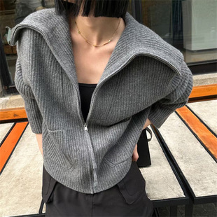 设计感宽松慵懒风针织开衫 学院领毛衣女秋冬休闲口袋新款 外套