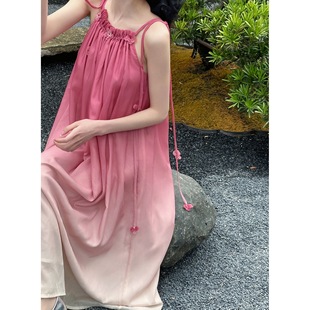 甜美气质宽松吊带裙 锐达 桃花赋粉色渐变挂脖连衣裙女夏季 法式