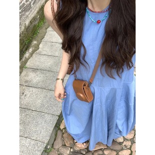 高级感海边度假长裙 蓝色无袖 背心吊带连衣裙子女夏季 2024新款 法式