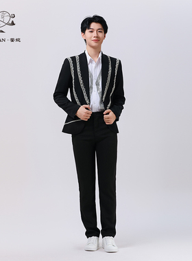 荃婉新款男生黑色西服套装韩系男团舞台服装歌手主持人演出服定制
