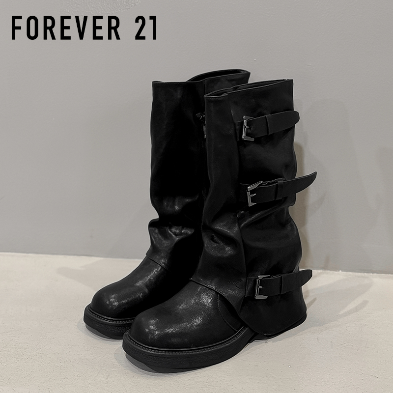 F21皮带扣褶皱裤管靴女款2025