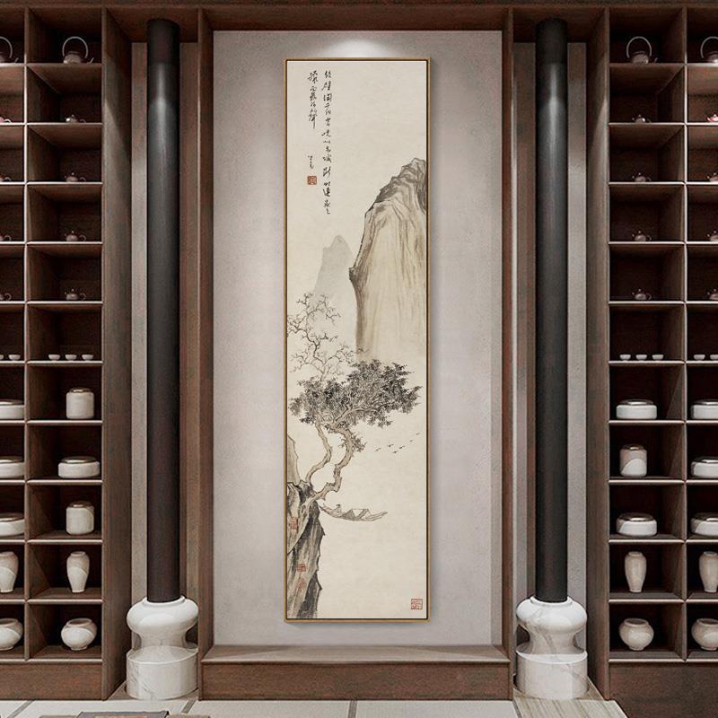 新中式山水画玄关竖版长条国画客厅过道挂画书房茶室装饰画古代画