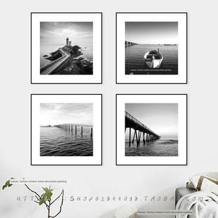 黑白风格装饰画壁龛艺术海景风景客厅办公室入口通道背景墙挂画