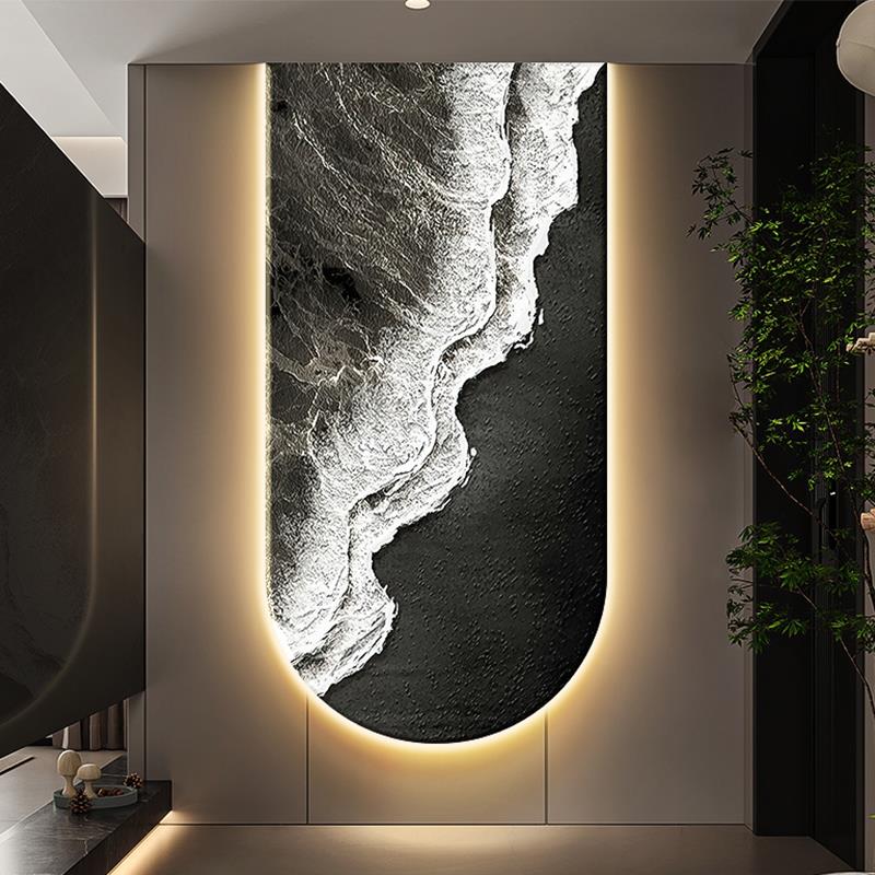 抽象海浪玄关装饰画肌理走廊过道拱形挂画黑白灰入户带灯发光壁画