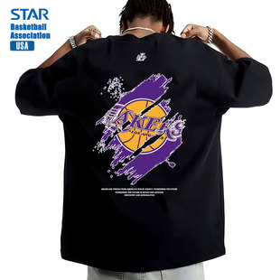 湖人队美式潮牌篮球衣服男装纯棉短袖T恤男2025新款男士上衣男款