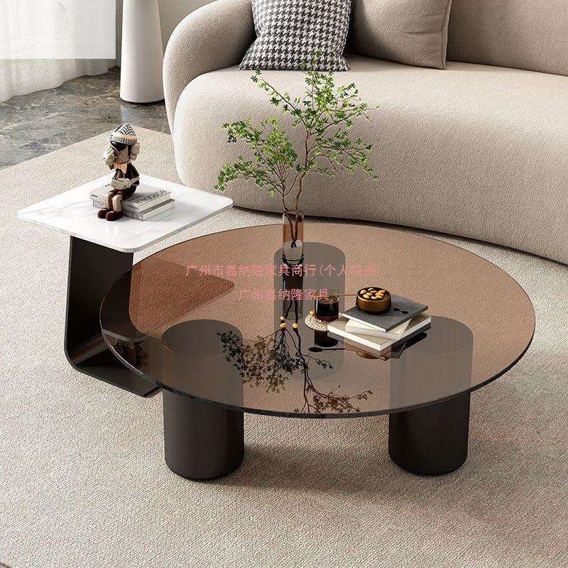 极简现代简约客厅家用轻奢圆形玻璃岩板意式小户型茶几边几组合
