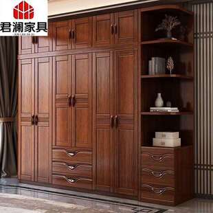 胡桃木中式衣橱收四门五门六门纳实木衣柜家用卧室带抽屉顶柜边柜