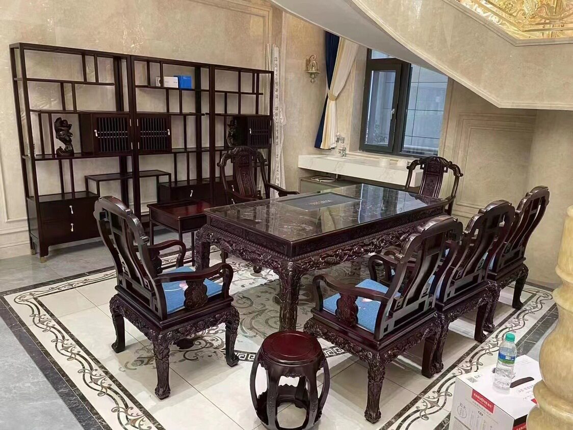 黑檀乌金木荷花长方形餐桌