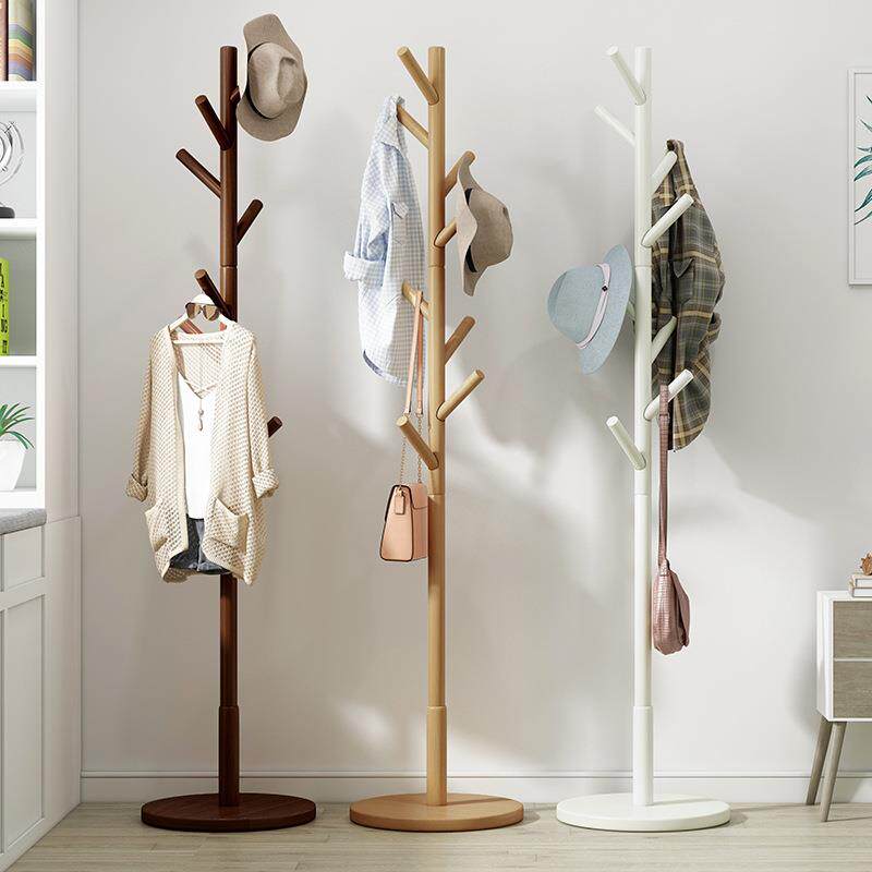 榉木立式挂衣架落地卧室衣帽架家用室内单杆树干简易挂包架