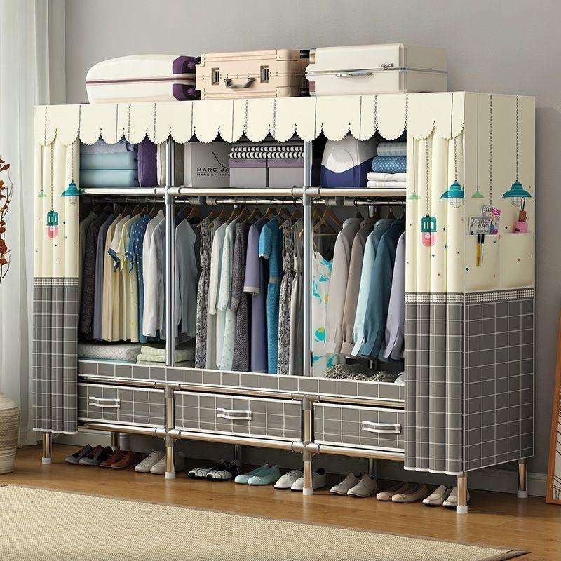 合金加厚简易衣柜家用卧室接头钢管组装加加固出租房收纳带抽屉