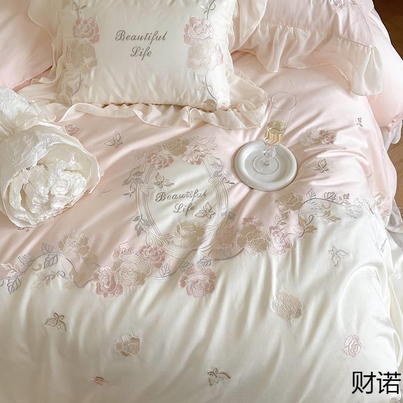 浪漫少女心100亲肤棉四件套浪漫花卉刺绣被套全棉磨毛1.8床上用品