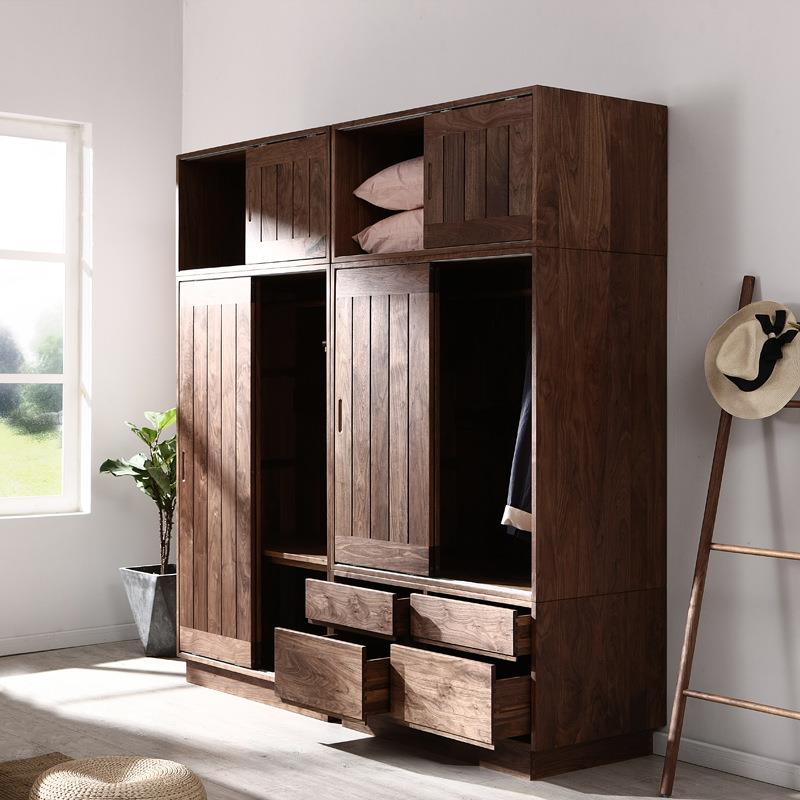 崇匠家具日式黑胡桃木衣柜全实木卧室大衣橱移门储物收纳柜新中式