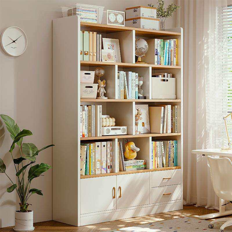 实木书柜学生家用儿童书架落地置物架客厅带柜门储物柜子一体靠墙