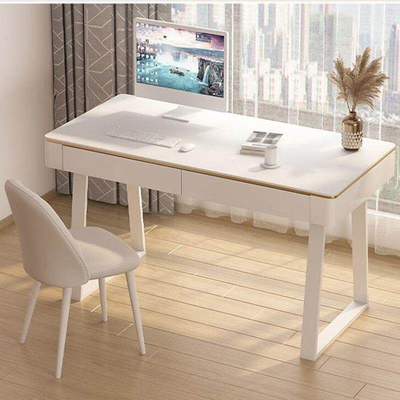 轻奢卧室纯白岩板书桌家用现代简约奶油风学习桌台式电脑桌小户型