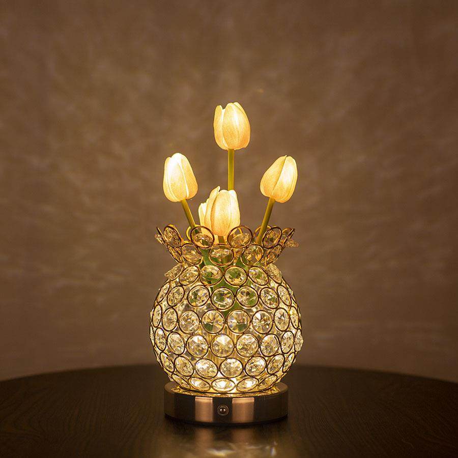 创意台灯郁金香小夜灯摆件卧室床头轻奢高级感led调光水晶氛围灯