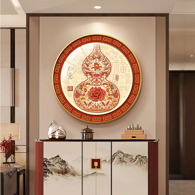 入户玄关装饰画新中式圆形葫芦挂画玄关柜上寓意好墙画红色喜庆图片