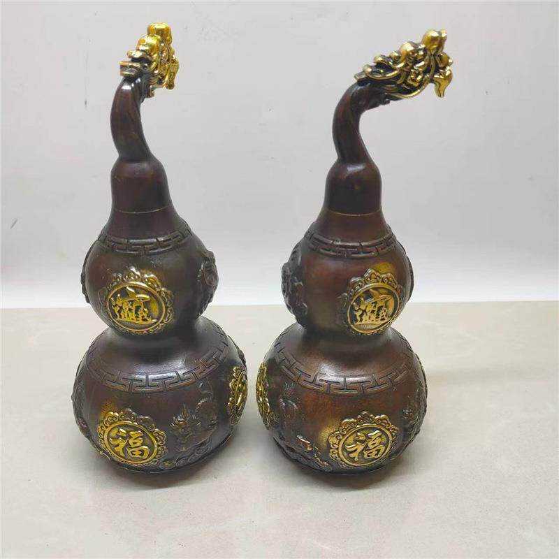仿古纯铜招财纳福葫芦一对龙头葫芦家居客厅装饰品桌面摆件