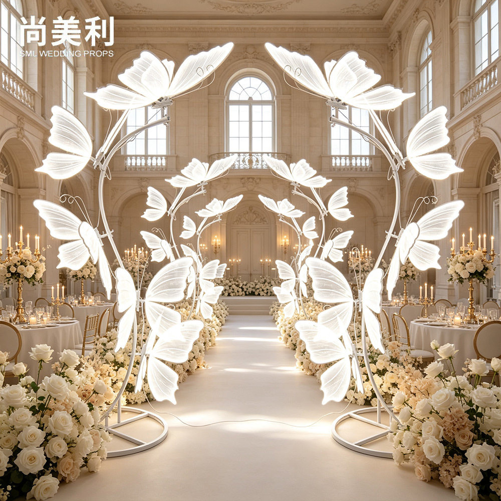 发光蝴蝶拱形花架婚礼背景装饰挂件铁艺节日拱门新款舞台婚庆道具