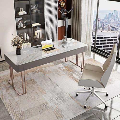 轻奢岩板高端现代简约办公桌椅卧室书桌家用书房马鞍皮书桌写字台