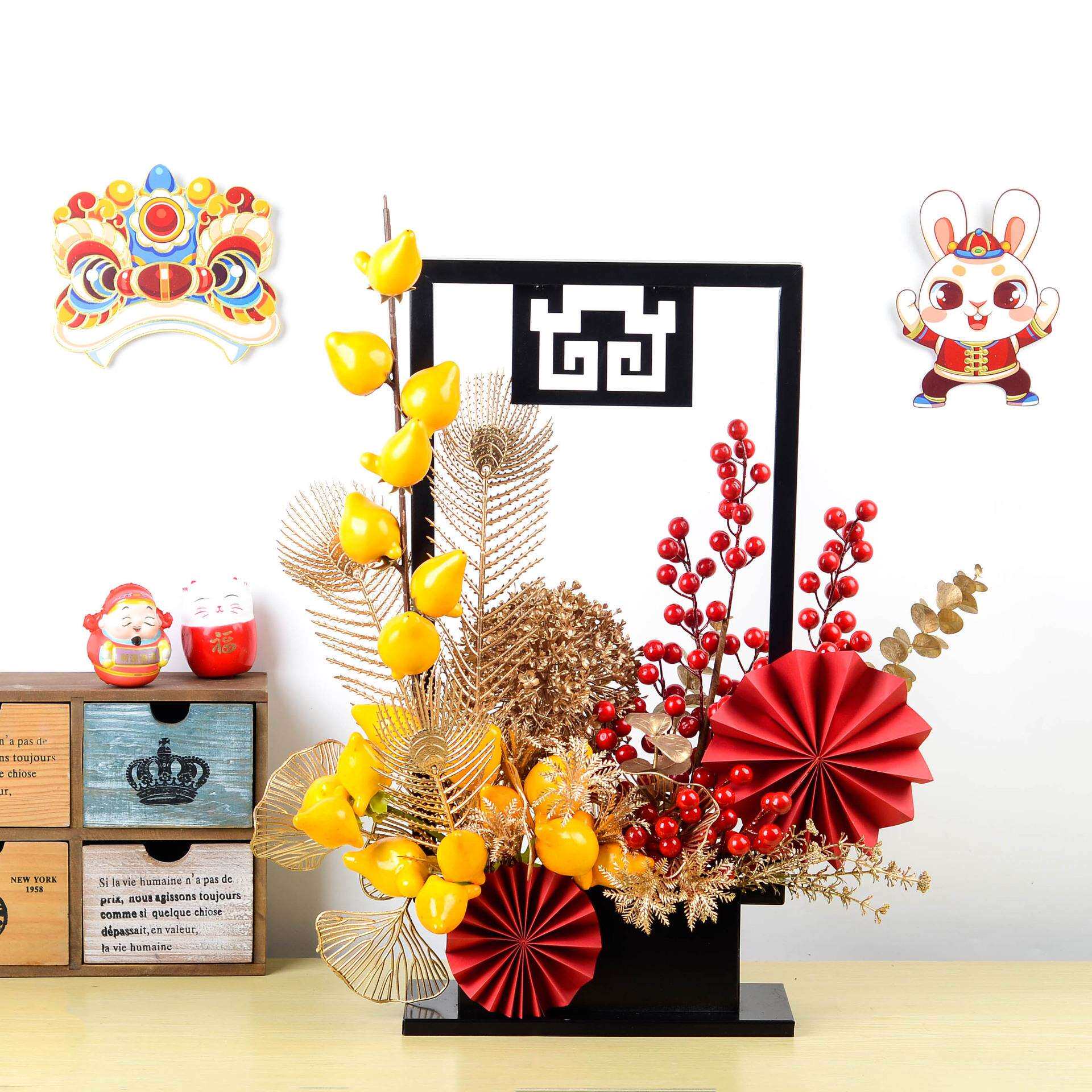 中式铁艺花篮新年摆件五代同堂仿真花石榴红色冬青发财果年宵盆栽