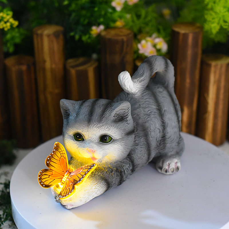 跨境花园太阳能灯仿真小猫装饰户外树脂工艺品创意动物摆件发光