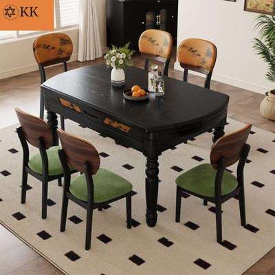 法式复古实木餐桌椅组合家用中古风可伸缩变圆桌大小户型吃饭桌子