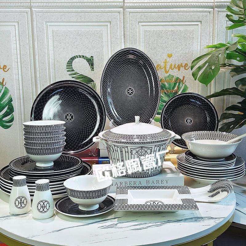 欧式简约几何碟碗盘套装骨瓷58头黑底黑线骨瓷餐具家用套装瓷
