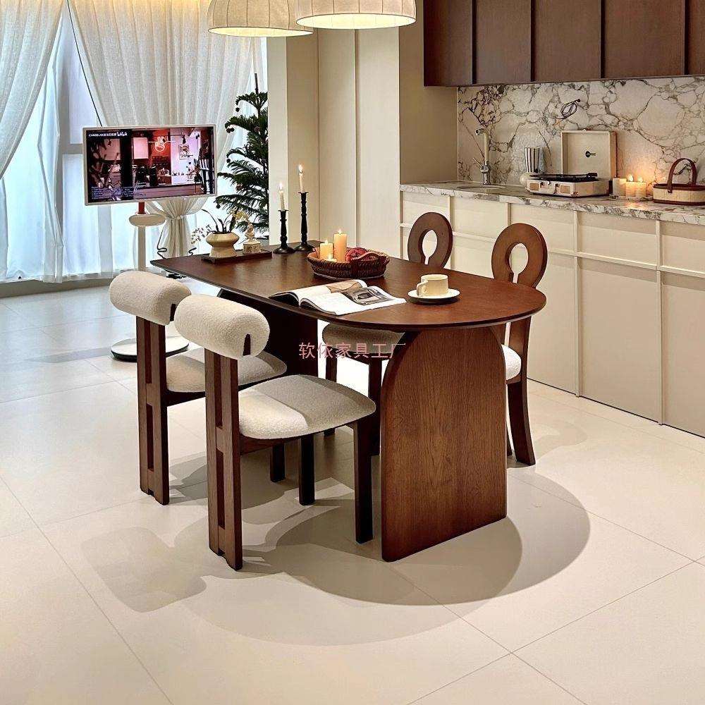 法式中古风实木餐桌椅组合家用客厅椭圆形小户型白蜡木复古吃饭桌