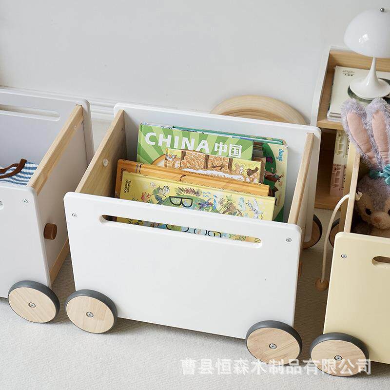 实木收纳箱儿童过家家拉车收纳柜推车套装多功能拉车收纳玩具箱