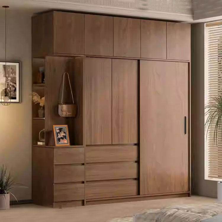 实木橡木衣柜推拉门家用卧室北欧纯胡桃色移门全原木挂式衣橱家具