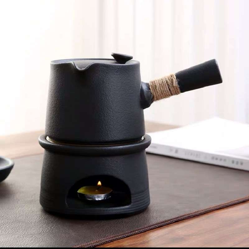 日式粗陶温茶座陶瓷煮茶器 麻绳提梁壶加热茶具套组 家居日用茶具