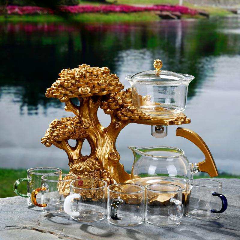 金色摇钱树玻璃全自动茶具套装懒人泡茶器整套客厅茶杯家用茶具