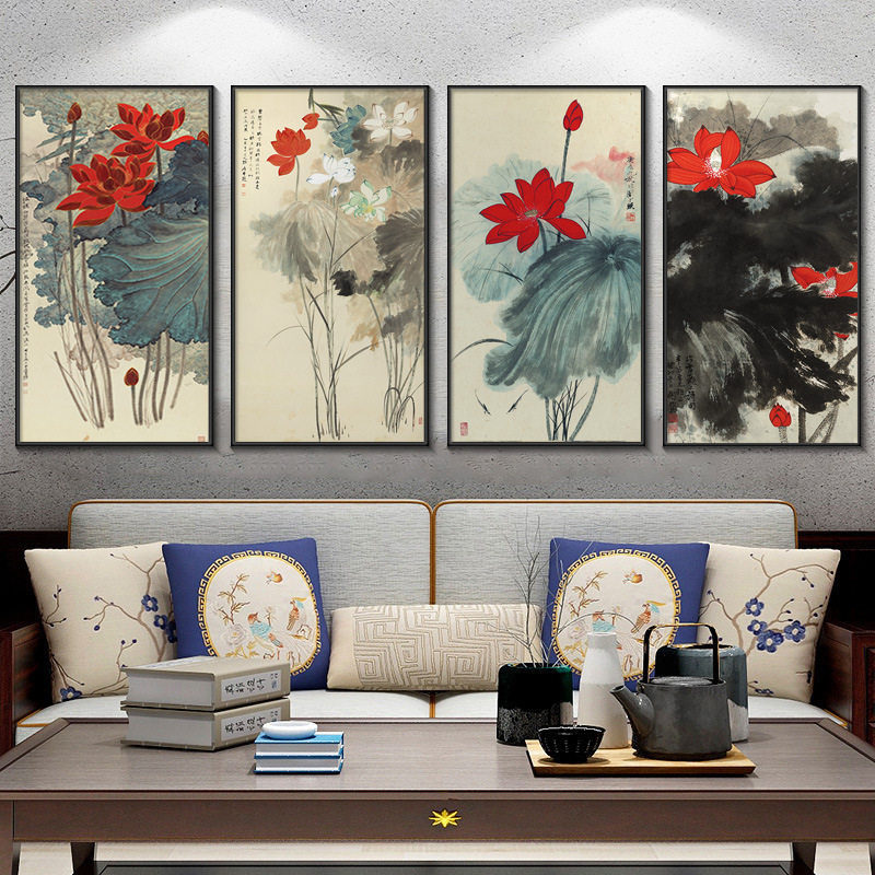 张大千荷花装饰画水墨画客厅挂画走廊玄关竖版新中式国画餐厅壁画