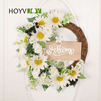 鸿禹 春夏人造向日葵花环 木牌白色仿真花装饰花环感恩节装饰挂件