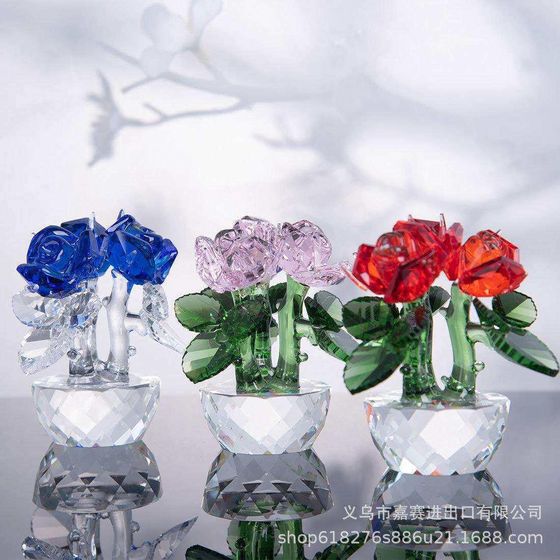 中式简约风格水晶工艺品桌面办公摆件小三枝盛开玫瑰花大红粉色