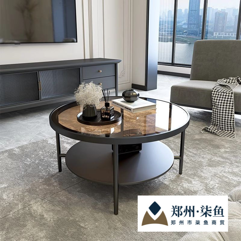 轻奢客厅茶几网红家用小户型钢化玻璃茶几桌圆形双层简约创意小桌