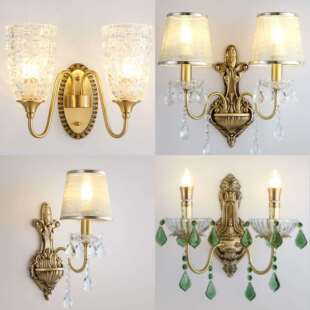 古铜色欧式室内壁灯全铜古风客厅蜡烛水晶灯楼梯卧室床头双头壁灯