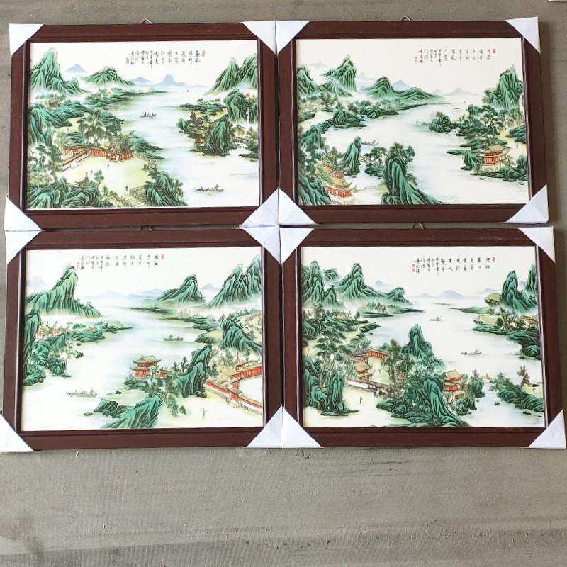 新款中式装饰陶瓷瓷板画家居有框沙发背景山水花鸟四件套墙壁画